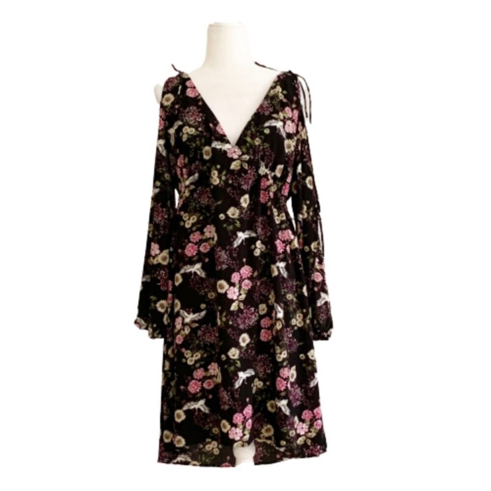 Kensie Dress Black Pink Floral Crane Motif Long Sleeve Cold Shoulder Large
